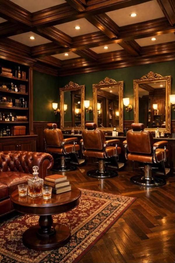 Salão de barbearia com cadeiras de couro e espelhos dourados